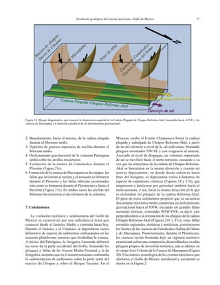 Evolución geológica del sureste mexicano, Golfo de México 37
2. Basculamiento, hacia el noreste, de la cadena plegada
durante el Mioceno tardío.
3. Depósito de gruesos espesores de arcillas durante el
Mioceno tardío.
4. Deslizamiento gravitacional de la columna Paleógena
tardía sobre las arcillas miocénicas.
5. Formación de la cuenca de Comalcalco durante el
Plioceno (Figura 21c).
6. Formación de la cuenca de Macuspana en dos etapas: las
fallas que la limitan al sureste y al noroeste se formaron
durante el Plioceno y las fallas oblicuas escalonadas
este-oeste se formaron durante el Pleistoceno y hasta el
Reciente (Figura 21c). En ambos casos las arcillas del
Mioceno favorecieron el décollement de la columna.
7. Conclusiones
La evolución tectónica y sedimentaria del Golfo de
México se caracterizó por una subsidencia lenta que
comenzó desde el Jurásico Medio y continúa hasta hoy.
Durante el Jurásico y el Cretácico se depositaron varios
kilómetros de espesor de sedimentos carbonatados en las
extensas plataformas someras que bordeaban la cuenca.
A inicios del Paleógeno, la Orogenia Laramide deformó
las rocas de la parte occidental del Golfo, formando los
pliegues y fallas de las Sierras Madre Oriental y la de
Zongolica, mientras que en el sureste mexicano continuaba
la sedimentación de carbonatos sobre la parte norte del
macizo de Chiapas y sobre el Bloque Yucatán. En el
Mioceno medio el Evento Chiapaneco forma la cadena
plegada y cabalgada de Chiapas-Reforma-Akal, a partir
de un décollement a nivel de la sal calloviana, formando
pliegues orientados NW-SE y con vergencia al noreste.
Asociado al nivel de despegue, un volumen importante
de sal se movilizó hacia el norte-noroeste, causando a su
vez que las estructuras de la cadena de Chiapas-Reforma-
Akal se bascularan en la misma dirección y crearan así
nuevos depocentros, en donde desde entonces hasta
ﬁnes del Neógeno, se depositaron varios kilómetros de
espesor de sedimentos clásticos (Figuras 18 y 21b), que
empezaron a deslizarse por gravedad también hacia el
norte-noroeste, o sea, hacia la misma dirección en la que
se inclinaban los pliegues de la cadena Reforma-Akal.
El peso de estos sedimentos propició que la secuencia
discordante miocénica tardía comenzara un deslizamiento
gravitacional hacia el NNW, iniciando así grandes fallas
normales lístricas, orientadas WSW-ENE, es decir, casi
perpendiculares a la orientación de los pliegues de la cadena
Chiapas-Reforma-Akal (Figuras 21b y 21c); estas fallas
normales regionales, sintéticas y antitéticas, constituyeron
los limites de las cuencas de Comalcalco-Salina del Istmo
y de Macuspana. Posteriormente, durante el Pleistoceno,
las cuencas recién formadas bajo un régimen tectónico
extensional sufren una compresión, desarrollándose en ellas
pliegues propios de inversión tectónica, más evidentes en
el campo José Colomo de la Cuenca de Macuspana (Figura
20). Una síntesis cronológica de los eventos tectónicos que
afectaron el Golfo de México meridional y occidental se
ilustra en la Figura 2.
Figura 18. Bloque diagramático que muestra la disposición espacial de la Cadena Plegada de Chiapas-Reforma-Akal, basculada hacia el NW y las
cuencas de Macuspana y Comalcalco producto de un deslizamiento gravitacional.
 