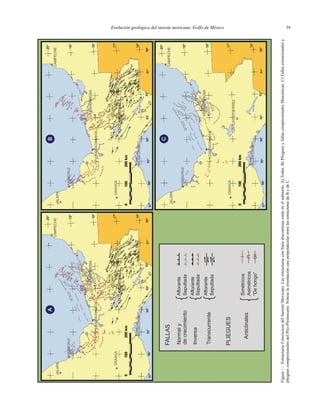 Evolución geológica del sureste mexicano, Golfo de México 39
Figura21.EstructurasCenozoicasdelSuresteMexicano.Lasestructurasconlíneadiscontinuaestánenelsubsuelo.A)Todas.B)PlieguesyfallascompresionalesMiocénicas.C)Fallasextensionalesy
plieguescompresionalesdelPlio-Pleistoceno.NóteselaorientacióncasiperpendicularentrelasestructurasdeBydeC.
 