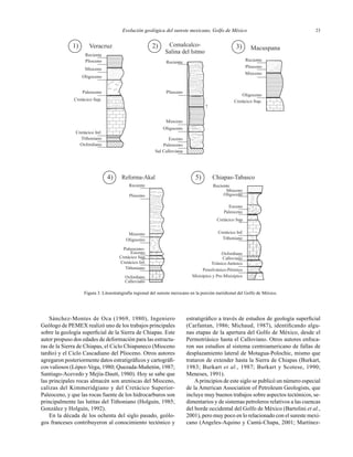 Evolución geológica del sureste mexicano, Golfo de México 23
estratigráﬁco a través de estudios de geología superﬁcial
(Carfantan, 1986; Michaud, 1987), identiﬁcando algu-
nas etapas de la apertura del Golfo de México, desde el
Permotriásico hasta el Calloviano. Otros autores enfoca-
ron sus estudios al sistema centroamericano de fallas de
desplazamiento lateral de Motagua-Polochic, mismo que
trataron de extender hasta la Sierra de Chiapas (Burkart,
1983; Burkart et al., 1987; Burkart y Scotese, 1990;
Meneses, 1991).
Aprincipios de este siglo se publicó un número especial
de la American Association of Petroleum Geologists, que
incluye muy buenos trabajos sobre aspectos tectónicos, se-
dimentarios y de sistemas petroleros relativos a las cuencas
del borde occidental del Golfo de México (Bartolini et al.,
2001), pero muy poco en lo relacionado con el sureste mexi-
cano (Angeles-Aquino y Cantú-Chapa, 2001; Martínez-
Mioceno
Oligoceno
Eoceno
Cretácico Sup.
Cretácico Inf.
Tithoniano
Oxfordiano
Calloviano
Chiapas-Tabasco
Paleoceno
Triásico-Jurásico
Misisípico y Pre-Misisípico
Pensilvánico-Pérmico
Reciente
5)
Plioceno
Mioceno
Oligoceno
Paleoceno-
Eoceno
Cretácico Sup.
Cretácico Inf.
Tithoniano
Oxfordiano
Calloviano
Reciente
Reforma-Akal4)
Plioceno
Mioceno
Oligoceno
Cretácico Sup.
Reciente
Macuspana3)
Plioceno
Mioceno
Oligoceno
Paleoceno
Cretácico Sup.
Cretácico Inf.
Tithoniano
Oxfordiano
Reciente
Veracruz1) Comalcalco-
Salina del Istmo
Eoceno
?
Oligoceno
Paleoceno
Sal Calloviana
Reciente
Mioceno
Plioceno
2)
Sánchez-Montes de Oca (1969, 1980), Ingeniero
Geólogo de PEMEX realizó uno de los trabajos principales
sobre la geología superﬁcial de la Sierra de Chiapas. Este
autor propuso dos edades de deformación para las estructu-
ras de la Sierra de Chiapas, el Ciclo Chiapaneco (Mioceno
tardío) y el Ciclo Cascadiano del Plioceno. Otros autores
agregaron posteriormente datos estratigráﬁcos y cartográﬁ-
cos valiosos (López-Vega, 1980; Quezada-Muñetón, 1987;
Santiago-Acevedo y Mejía-Dautt, 1980). Hoy se sabe que
las principales rocas almacén son areniscas del Mioceno,
calizas del Kimmeridgiano y del Cretácico Superior-
Paleoceno, y que las rocas fuente de los hidrocarburos son
principalmente las lutitas del Tithoniano (Holguín, 1985;
González y Holguín, 1992).
En la década de los ochenta del siglo pasado, geólo-
gos franceses contribuyeron al conocimiento tectónico y
Figura 3. Litoestratigrafía regional del sureste mexicano en la porción meridional del Golfo de México.
 