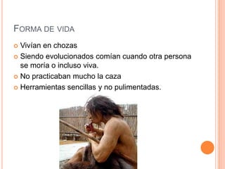 FORMA DE VIDA
 Vivían en chozas
 Siendo evolucionados comían cuando otra persona
se moría o incluso viva.
 No practicaban mucho la caza
 Herramientas sencillas y no pulimentadas.
 