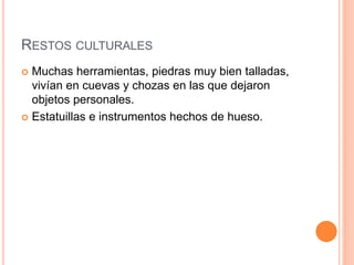 RESTOS CULTURALES
 Muchas herramientas, piedras muy bien talladas,
vivían en cuevas y chozas en las que dejaron
objetos personales.
 Estatuillas e instrumentos hechos de hueso.
 