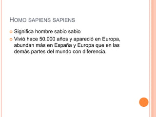 HOMO SAPIENS SAPIENS
 Significa hombre sabio sabio
 Vivió hace 50.000 años y apareció en Europa,
abundan más en España y Europa que en las
demás partes del mundo con diferencia.
 