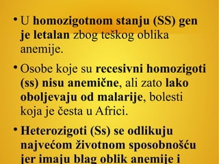 
U homozigotnom stanju (SS) gen
je letalan zbog teškog oblika
anemije.

Osobe koje su recesivni homozigoti
(ss) nisu anemične, ali zato lako
oboljevaju od malarije, bolesti
koja je česta u Africi.

Heterozigoti (Ss) se odlikuju
najvećom životnom sposobnošću
jer imaju blag oblik anemije i
 