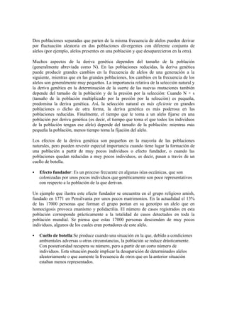 Dos poblaciones separadas que parten de la misma frecuencia de alelos pueden derivar
por fluctuación aleatoria en dos poblaciones divergentes con diferente conjunto de
alelos (por ejemplo, alelos presentes en una población y que desaparecieron en la otra).

Muchos aspectos de la deriva genética dependen del tamaño de la población
(generalmente abreviada como N). En las poblaciones reducidas, la deriva genética
puede producir grandes cambios en la frecuencia de alelos de una generación a la
siguiente, mientras que en las grandes poblaciones, los cambios en la frecuencia de los
alelos son generalmente muy pequeños. La importancia relativa de la selección natural y
la deriva genética en la determinación de la suerte de las nuevas mutaciones también
depende del tamaño de la población y de la presión por la selección: Cuando N × s
(tamaño de la población multiplicado por la presión por la selección) es pequeña,
predomina la deriva genética. Así, la selección natural es más eficiente en grandes
poblaciones o dicho de otra forma, la deriva genética es más poderosa en las
poblaciones reducidas. Finalmente, el tiempo que le toma a un alelo fijarse en una
población por deriva genética (es decir, el tiempo que toma el que todos los individuos
de la población tengan ese alelo) depende del tamaño de la población: mientras más
pequeña la población, menos tiempo toma la fijación del alelo.

Los efectos de la deriva genética son pequeños en la mayoría de las poblaciones
naturales, pero pueden revestir especial importancia cuando tiene lugar la formación de
una población a partir de muy pocos individuos o efecto fundador, o cuando las
poblaciones quedan reducidas a muy pocos individuos, es decir, pasan a través de un
cuello de botella.

   Efecto fundador: Es un proceso frecuente en algunas islas oceánicas, que son
    colonizadas por unos pocos individuos que genéticamente son poco representativos
    con respecto a la población de la que derivan.

Un ejemplo que ilustra este efecto fundador se encuentra en el grupo religioso amish,
fundado en 1771 en Pensilvania por unos pocos matrimonios. En la actualidad el 13%
de las 17000 personas que forman el grupo portan en su genotipo un alelo que en
homocigosis provoca enanismo y polidactilia. El número de casos registrados en esta
población corresponde prácticamente a la totalidad de casos detectados en toda la
población mundial. Se piensa que estas 17000 personas descienden de muy pocos
individuos, algunos de los cuales eran portadores de este alelo.

   Cuello de botella:Se produce cuando una situación en la que, debido a condiciones
    ambientales adversas u otras circunstancias, la población se reduce drásticamente.
    Con posterioridad recupera su número, pero a partir de un corto número de
    individuos. Esta situación puede implicar la desaparición de determinados alelos
    aleatoriamente o que aumente la frecuencia de otros que en la anterior situación
    estaban menos representados.
 