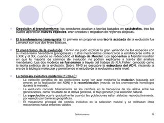 Evolucionismo 26
 Oposición al transformismo: los opositores acudian a teorías basadas en catástrofes, tras las
cuales aparecían nuevas especies, eran creadas o migraban de regiones alejadas.
 El transformismo lamarquista: El primero en proponer una teoría acabada de la evolución fue
Lamarck con sus dos leyes básicas.
 El mecanismo de la evolución: Darwin no pudo explicar la gran variación de las especies con
su mecanismo hereditario (pangénesis). Estos mecanismos comenzaron a establecerse entre el
s.XIX y el XX, cuando se redescubrió el trabajo de Mendel. Los oponentes a Mendel insistían
en que la mayoría de caminos de evolución no podían explicarse a través del análisis
mendeliano. Los dos modelos se fusionaron a través del trabajo de R.A.Fisher, conocido como
la teoría sintética de la evolución. Sobre 1940 se descubre la estructura del ADN, iniciando la
era de la biología molecular y permitiendo el estudio de la evolución a este nivel.
 La Sintesis evolutiva moderna (1930-40):
 La variación genética de las poblaciones surge por azar mediante la mutación (causada por
errores en la replicación del ADN) y la recombinación (mezcla de los cromosomas homólogos
durante la meiosis).
 La evolución consiste básicamente en los cambios en la frecuencia de los alelos entre las
generaciones, como resultado de la deriva genética, el flujo genético y la selección natural.
 La especiación ocurre gradualmente cuando las poblaciones están aisladas reproductivamente,
por ejemplo por barreras geográficas.
 El mecanismo principal del cambio evolutivo es la selección natural y se rechazan otros
mecanismos hasta entonces válidos
 