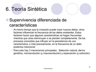 6. Teoría Sintética
Supervivencia diferenciada de
características
 Al mismo tiempo que la mutación puede crear nuevos alelos, otros
factores influencian la frecuencia de los alelos existentes. Estos
factores hacen que algunas características se hagan frecuentes
mientras que otras disminuyen o se pierden completamente. De los
procesos conocidos que influyen en la persistencia de una
característica, o más precisamente, en la frecuencia de un alelo
podemos mencionar
 Para esto hay 3 mecanismos principales: Selección natural, deriva
genética, microevolución (y macroevolución) y especiación (y extinción)
Evolucionismo
34
 