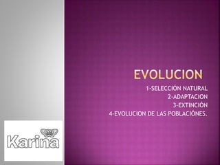 1-SELECCIÓN NATURAL
2-ADAPTACION
3-EXTINCIÓN
4-EVOLUCION DE LAS POBLACIÓNES.
 