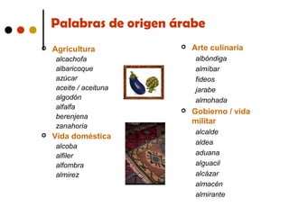 Palabras de origen árabe


Agricultura
alcachofa
albaricoque
azúcar
aceite / aceituna
algodón
alfalfa
berenjena
zanahoria



Vida doméstica
alcoba
alfiler
alfombra
almirez



Arte culinaria
albóndiga
almíbar
fideos
jarabe
almohada



Gobierno / vida
militar
alcalde
aldea
aduana
alguacil
alcázar
almacén
almirante

 