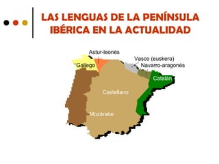 LAS LENGUAS DE LA PENÍNSULA
IBÉRICA EN LA ACTUALIDAD
Astur-leonés
Vasco (euskera)
Navarro-aragonés

Gallego

Catalán
Castellano

Mozárabe

 