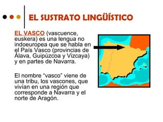 EL SUSTRATO LINGÜÍSTICO
EL VASCO (vascuence,
euskera) es una lengua no
indoeuropea que se habla en
el País Vasco (provincias de
Álava, Guipúzcoa y Vizcaya)
y en partes de Navarra.
El nombre “vasco” viene de
una tribu, los vascones, que
vivían en una región que
corresponde a Navarra y el
norte de Aragón.

 