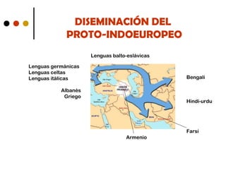 DISEMINACIÓN DEL
PROTO-INDOEUROPEO
Lenguas balto-eslávicas
Lenguas germánicas
Lenguas celtas
Lenguas itálicas

Bengalí

Albanés
Griego

Hindi-urdu

Farsí
Armenio

 