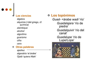 Las ciencias álgebra alquimia  ( < del griego, cf.  química) alambique alcohol algoritmo guarismo cifra cero Otras palabras ajedrez algarabía  ‘el árabe’ Ojalá  ‘quiera Allah’ Los topónimos Guad-  <árabe  wadi  ‘río’ Guadalajara  ‘río de piedra’ Guadalquivir  ‘río del canal’ Guadalupe  ‘río de Lupe/Lope’ Alhambra  ‘rojo’ Almería  ‘espejo’ Almadén  ‘campo’ 