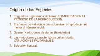 Origen de las Especies.
1. Engendran organismos similares: ESTABILIDAD EN EL
   PROCESO DE LA REPRODUCCIÓN.
2. El número de individuos que sobreviven y reproducen es
   menor al número inicial.
3. Ocurren variaciones aleatorias (heredadas)
4. Las variaciones y características del ambiente:
   VARIACIONES FAVORABLES.
5. Selección Natural.
 