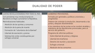 DUALIDAD DE PODER
JUNTAS REVOLUCIONARIAS POR TODO EL PAÍS
Con proclamas muy revolucionarias en
Barcelona se llegó a proclamar la República,
Reivindicaciones habituales:
• Abolición de las quintas y consumos
• Abolición de la pena de muerte
• Formación de “voluntarios de la libertad”
• Libertad de asociación y prensa
• Solicitud de cortes constituyentes por
sufragio universal
GOBIERNO PROVISIONAL
formado por generales y políticos unionistas y
progresistas
Trataron de controlar la revolución, desarmando a las
juntas y después disolviéndolas.
A los miembros de las juntas se les nombró alcaldes y
miembros de las diputaciones provinciales, pero al
servicio del gobierno
Programa de reformas políticas:
• Sobre libertad de prensa y religiosa
• Libertad de enseñanza
• Derecho de reunión y asociación
• Sufragio universal
• Abolición de los consumos
 