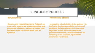 CONFLICTOS POLITICOS
REPUBLICANOS:
Dentro del republicanismo federal se
van a dar posturas intransigentes que
provocan diversas sublevaciones que
tuvieron que ser sofocadas por el
ejército.
MOVIMIENTO OBRERO
La negativa a la abolición de las quintas y la
ineficacia de algunas medidas, así como el
problema de la propiedad de la tierra que
seguía en manos de los terratenientes
provocaron motines y sublevaciones en los
campos y en las ciudades, igualmente
duramente reprimidas.
 