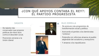 SAGASTA
• De talante más
conservador que propone
políticas de mano dura
contra el desorden social.
• Posiciones cercanas a la
Unión Liberal
• De posturas más progresistas de
transformación social y política.
• Acercando el partido a los demócratas
“cimbrios”
• Pretendía con reformas atraerse al pueblo
alejándole del socialismo y anarquismo.
• Y atraerse a los republicanos
RUIZ ZORRILLA
¿CON QUÉ APOYOS CONTABA EL REY?:
EL PARTIDO PROGRESISTA
 