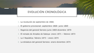 EVOLUCIÓN CRONOLÓGICA
1. La revolución de septiembre de 1868.
2. El gobierno provisional: septiembre 1868- junio 1869
3. Regencia del general Serrano junio 1869-diciembre 1870
4. El reinado de Amadeo de Saboya: enero 1871 – febrero 1873
5. La I República: febrero 1873 – enero 1874
6. La dictadura del general Serrano: enero-diciembre 1874
 