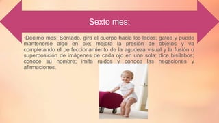 •Décimo mes: Sentado, gira el cuerpo hacia los lados; gatea y puede
mantenerse algo en pie; mejora la presión de objetos y va
completando el perfeccionamiento de la agudeza visual y la fusión o
superposición de imágenes de cada ojo en una sola; dice bisílabos;
conoce su nombre; imita ruidos y conoce las negaciones y
afirmaciones.
Sexto mes:
 