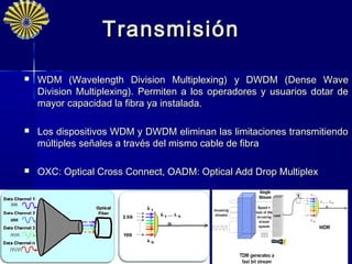 Transmisión

   WDM (Wavelength Division Multiplexing) y DWDM (Dense Wave
    Division Multiplexing). Permiten a los operadores y usuarios dotar de
    mayor capacidad la fibra ya instalada.

   Los dispositivos WDM y DWDM eliminan las limitaciones transmitiendo
    múltiples señales a través del mismo cable de fibra

   OXC: Optical Cross Connect, OADM: Optical Add Drop Multiplex




                                                                   20
 