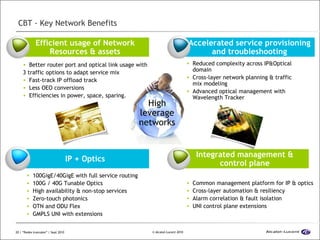 CBT - Key Network Benefits Integrated management & control plane Better router port and optical link usage with  3 traffic options to adapt service mix  Fast-track IP offload track Less OEO conversions Efficiencies in power, space, sparing. IP + Optics 100GigE/40GigE with full service routing 100G / 40G Tunable Optics  High availability & non-stop services Zero-touch photonics OTN and ODU Flex GMPLS UNI with extensions Reduced complexity across IP&Optical domain Cross-layer network planning & traffic  mix modeling Advanced optical management with Wavelength Tracker Efficient usage of Network Resources & assets Accelerated service provisioning and troubleshooting Common management platform for IP & optics  Cross-layer automation & resiliency Alarm correlation & fault isolation UNI control plane extensions High leverage networks 