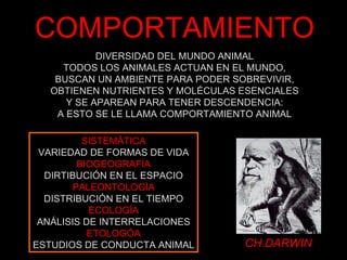 COMPORTAMIENTO
            DIVERSIDAD DEL MUNDO ANIMAL
     TODOS LOS ANIMALES ACTUAN EN EL MUNDO,
    BUSCAN UN AMBIENTE PARA PODER SOBREVIVIR,
   OBTIENEN NUTRIENTES Y MOLÉCULAS ESENCIALES
      Y SE APAREAN PARA TENER DESCENDENCIA:
    A ESTO SE LE LLAMA COMPORTAMIENTO ANIMAL

          SISTEMÁTICA
 VARIEDAD DE FORMAS DE VIDA
         BIOGEOGRAFÍA
  DIRTIBUCIÓN EN EL ESPACIO
        PALEONTOLOGÍA
  DISTRIBUCIÓN EN EL TIEMPO
           ECOLOGÍA
 ANÁLISIS DE INTERRELACIONES
           ETOLOGÓA
ESTUDIOS DE CONDUCTA ANIMAL        CH.DARWIN
 