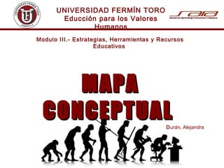 UNIVERSIDAD FERMÍN TORO
Educción para los Valores
Humanos
Modulo III.- Estrategias, Herramientas y Recursos
Educativos
MAPAMAPA
CONCEPTUALCONCEPTUALDurán, Alejandra
 