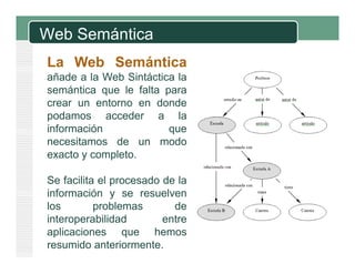 Web Semántica
La Web Semántica
añade a la Web Sintáctica la
semántica que le falta para
crear un entorno en donde
podamos acceder a lap
información que
necesitamos de un modo
exacto y completoexacto y completo.
Se facilita el procesado de la
información y se resuelven
los problemas de
interoperabilidad entrep
aplicaciones que hemos
resumido anteriormente.
 