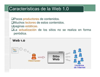 Características de la Web 1.0
Pocos productores de contenidos.
Muchos lectores de estos contenidos.
paginas estáticas.
La actualización de los sitios no se realiza en forma
periódica.
periódica

 