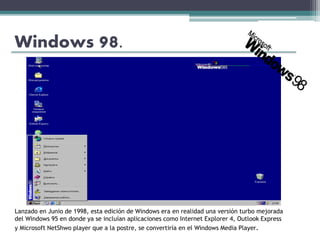 Windows 98.
Lanzado en Junio de 1998, esta edición de Windows era en realidad una versión turbo mejorada
del Windows 95 en donde ya se incluían aplicaciones como Internet Explorer 4, Outlook Express
y Microsoft NetShwo player que a la postre, se convertiría en el Windows Media Player.
 