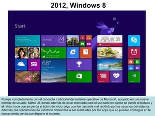 Rompe completamente con el concepto tradicional del sistema operativo de Microsoft, apoyado en una nueva
interfaz de usuario, Metro UI, donde además de estar orientado para el uso táctil en donde se pierde el teclado y
el ratón, hace que se pierda el botón de inicio, algo que fue bastante mal recibido por los usuarios del sistema.
Además, las aplicaciones de escritorio comienzas a ser sustituidas por las apps que se pueden conseguir en la
nueva tienda con la que dispone el sistema.
2012, Windows 8
 