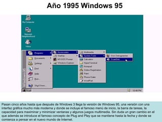 Pasan cinco años hasta que después de Windows 3 llega la versión de Windows 95, una versión con una
interfaz gráfica mucho más moderna y donde se incluye el famoso menú de inicio, la barra de tareas, la
capacidad para maximinar y minimizar ventanas y algunos juegos multimedia. Sin duda un gran cambio en el
que además se introduce el famoso concepto de Plug and Play que se mantiene hasta la fecha y donde se
comienza a pensar en el nuevo mundo de Internet.
Año 1995 Windows 95
 