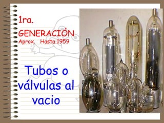 1ra.
GENERACIÓN
Aprox. Hasta 1959
Tubos o
válvulas al
vacio
 