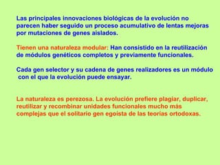 Las principales innovaciones biológicas de la evolución no parecen haber seguido un proceso acumulativo de lentas mejoras por mutaciones de genes aislados. Tienen una naturaleza modular:  Han consistido en la reutilización de módulos genéticos completos y previamente funcionales. Cada gen selector y su cadena de genes realizadores es un módulo  con el que la evolución puede ensayar. La naturaleza es perezosa. La evolución prefiere plagiar, duplicar, reutilizar y recombinar unidades funcionales mucho más complejas que el solitario gen egoísta de las teorías ortodoxas. 