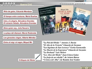 La Guerra Civil Espanyola 1936-1939                                                  Armand Figuera


                              Guerra Civil


    Riña de gatos, Eduardo Mendoza

    El tiempo entre costuras, Maria Dueñas

    Inés y la alegría, Almudena Grandes
    El corazón helado, Almudena Grandes

   Dime quien soy, Julia Navarro

    La plaça del diamant, Mercè Rodoreda

    Los girasoles ciegos, Alberto Méndez

    Entre el roig i el negre, Miquel Mir           "La Piel del Olvido " Antonio J. Durán
                                                    "La Piel del Olvido " Antonio J. Durán
                                                   "El Año de la Victoria" Eduardo de Guzman
                                                    "El Año de la Victoria" Eduardo de Guzman
                                                   "Las lágrimas de San Lorenzo" Gorka Garmendia
                                                    "Las lágrimas de San Lorenzo" Gorka Garmendia
                                                   "La Muerte de la Esperanza" Eduardo de Guzmán
                                                    "La Muerte de la Esperanza" Eduardo de Guzmán
                                                   "La Desbaná" Luis Melero
                                                    "La Desbaná" Luis Melero
                                                   "Los Años del Miedo" Juan Eslava Galan
                                                    "Los Años del Miedo" Juan Eslava Galan
                                                   “La forja de un rebelde”, de Arturo Barea
                                                    “La forja de un rebelde”, de Arturo Barea
                            Crítiques de llibres   “Crónica del Alba”, de Ramón José Sender
                                                    “Crónica del Alba”, de Ramón José Sender


                                                                                                tornar   sortir
 