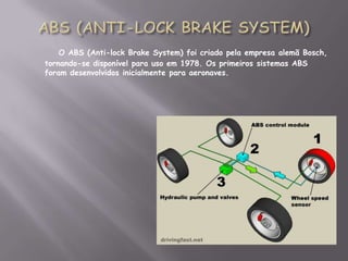 ABS (ANTI-LOCK BRAKE SYSTEM)O ABS (Anti-lock Brake System) foi criado pela empresa alemã Bosch, tornando-se disponível para uso em 1978. Os primeiros sistemas ABS foram desenvolvidos inicialmente para aeronaves. 