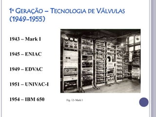 1ª GERAÇÃO – TECNOLOGIA DE VÁLVULAS
(1949-1955)

1943 – Mark I

1945 – ENIAC

1949 – EDVAC

1951 – UNIVAC-I

1954 – IBM 650    Fig. 12- Mark I
 