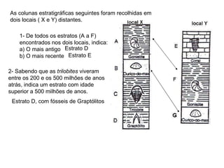 As colunas estratigráficas seguintes foram recolhidas em dois locais ( X e Y) distantes. 1- De todos os estratos (A a F) encontrados nos dois locais, indica: a) O mais antigo b) O mais recente  Estrato D Estrato E 2- Sabendo que as  trilobites  viveram entre os 200 e os 500 milhões de anos atrás, indica um estrato com idade superior a 500 milhões de anos. Estrato D, com fósseis de Graptólitos 