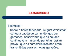 LAMARKISMO
Exemplos:
Sobre a hereditariedade, August Weissman
cortou a cauda de camundongos por
gerações, observando que as caudas
continuavam nascendo perfeitas, assim
provou que as características não eram
transmitidas para as novas gerações.
 