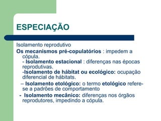 ESPECIAÇÃO
Isolamento reprodutivo
Os mecanismos pré-copulatórios : impedem a
cópula.
- Isolamento estacional : diferenças nas épocas
reprodutivas.
-Isolamento de hábitat ou ecológico: ocupação
diferencial de hábitats.
– Isolamento etológico: o termo etológico refere-
se a padrões de comportamento
- Isolamento mecânico: diferenças nos órgãos
reprodutores, impedindo a cópula.
 