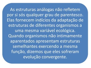 As estruturas análogas não refletem
por si sós qualquer grau de parentesco.
Elas fornecem indícios da adaptação de
 estruturas de diferentes organismos a
    uma mesma variável ecológica.
 Quando organismos não intimamente
  aparentados apresentam estruturas
   semelhantes exercendo a mesma
  função, dizemos que eles sofreram
         evolução convergente.
 