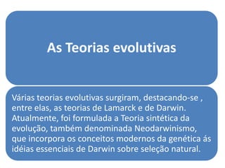 As Teorias evolutivas


Várias teorias evolutivas surgiram, destacando-se ,
entre elas, as teorias de Lamarck e de Darwin.
Atualmente, foi formulada a Teoria sintética da
evolução, também denominada Neodarwinismo,
que incorpora os conceitos modernos da genética ás
idéias essenciais de Darwin sobre seleção natural.
 