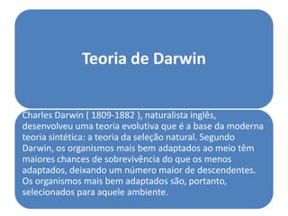 Teoria de Darwin


Charles Darwin ( 1809-1882 ), naturalista inglês,
desenvolveu uma teoria evolutiva que é a base da moderna
teoria sintética: a teoria da seleção natural. Segundo
Darwin, os organismos mais bem adaptados ao meio têm
maiores chances de sobrevivência do que os menos
adaptados, deixando um número maior de descendentes.
Os organismos mais bem adaptados são, portanto,
selecionados para aquele ambiente.
 