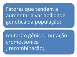 Fatores que tendem a
aumentar a variabilidade
genética da população:

mutação gênica, mutação
cromossônica
, recombinação;
 