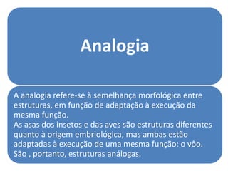 Analogia

A analogia refere-se à semelhança morfológica entre
estruturas, em função de adaptação à execução da
mesma função.
As asas dos insetos e das aves são estruturas diferentes
quanto à origem embriológica, mas ambas estão
adaptadas à execução de uma mesma função: o vôo.
São , portanto, estruturas análogas.
 