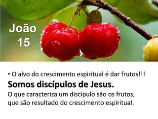 João
 15

• O alvo do crescimento espiritual é dar frutos!!!
Somos discípulos de Jesus.
O que caracteriza um discípulo são os frutos,
que são resultado do crescimento espiritual.
 