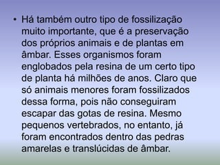 • Há também outro tipo de fossilização
muito importante, que é a preservação
dos próprios animais e de plantas em
âmbar. Esses organismos foram
englobados pela resina de um certo tipo
de planta há milhões de anos. Claro que
só animais menores foram fossilizados
dessa forma, pois não conseguiram
escapar das gotas de resina. Mesmo
pequenos vertebrados, no entanto, já
foram encontrados dentro das pedras
amarelas e translúcidas de âmbar.
 