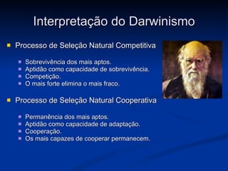 Interpretação do Darwinismo Processo de Seleção Natural Competitiva Sobrevivência dos mais aptos. Aptidão como capacidade de sobrevivência. Competição. O mais forte elimina o mais fraco.  Processo de Seleção Natural Cooperativa Permanência dos mais aptos. Aptidão como capacidade de adaptação. Cooperação. Os mais capazes de cooperar permanecem. 