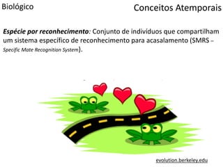 Conceitos AtemporaisBiológico
Espécie por reconhecimento: Conjunto de indivíduos que compartilham
um sistema específico de reconhecimento para acasalamento (SMRS –
Specific Mate Recognition System).
evolution.berkeley.edu
 