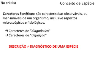 Conceito de EspécieNa prática
Caracteres Fenéticos: são características observáveis, ou
mensuráveis de um organismo, inclusive aspectos
microscópicos e fisiológicos.
Caracteres de “diagnóstico”
Caracteres de “definição”
DESCRIÇÃO ≠ DIAGNÓSTICO DE UMA ESPÉCIE
 