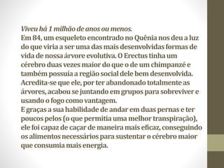 Viveuhá1milhãodeanosoumenos.
Em84,umesqueletoencontradonoQuênianosdeualuz
doqueviriaaserumadasmaisdesenvolvidasformasde
vidadenossaárvoreevolutiva.OErectustinhaum
cérebroduasvezesmaiordoqueodeumchimpanzée
tambémpossuíaaregiãosocialdelebemdesenvolvida.
Acredita-sequeele,porterabandonadototalmenteas
árvores,acabousejuntandoemgruposparasobrevivere
usandoofogocomovantagem.
Egraçasasuahabilidadedeandaremduaspernaseter
poucospelos(oquepermitiaumamelhortranspiração),
elefoicapazdecaçardemaneiramaiseficaz,conseguindo
osalimentosnecessáriosparasustentarocérebromaior
queconsumiamaisenergia.
 
